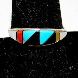 Vintage Zuni Coral Turquoise Inlay Band Ring Size 8 Sterling Silver